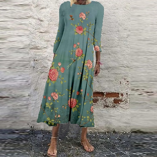 

Women's Shift Dress Midi Dress Green Blue Gray 3/4 Length Sleeve Floral Ruched Print Fall Spring Round Neck Casual Vacation 2022 S M L XL XXL 3XL