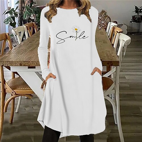 

Women's Shift Dress Knee Length Dress White Long Sleeve Floral Letter Pocket Print Fall Spring Crew Neck Casual Vacation 2022 S M L XL XXL 3XL