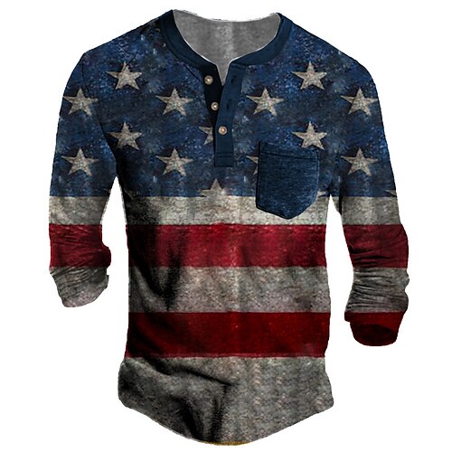 

Men's Henley Shirt Tee T shirt Tee 3D Print Graphic Patterned National Flag Henley Daily Sports Button-Down Print Long Sleeve Tops Designer Basic Casual Classic Blue