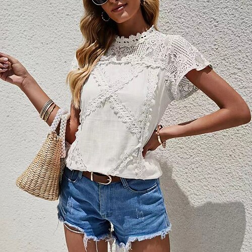 

Dame Skjorte Bluse Hvite eyelet -topper Hvit عادي Blonde Lapper Kortermet Kontor Arbeid Gatemote Fritid Rund hals Normal S