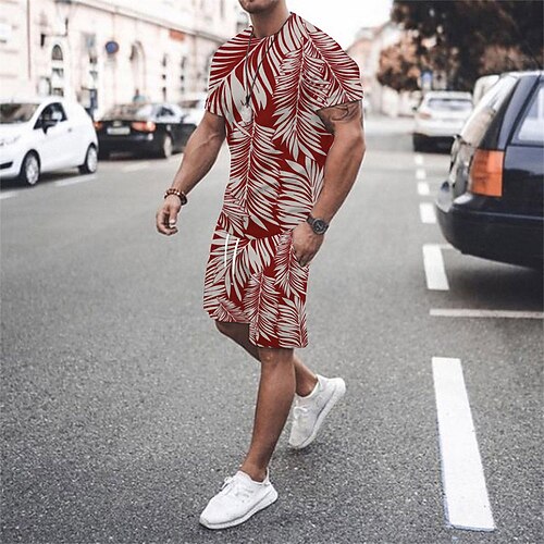

Men's Shorts and T Shirt Set T-Shirt Outfits Graphic Geometry Crew Neck Green Blue Red Light Blue 3D Print Street Daily Short Sleeve Print Clothing Apparel 2pcs Basic Fashion Lightweight Casual