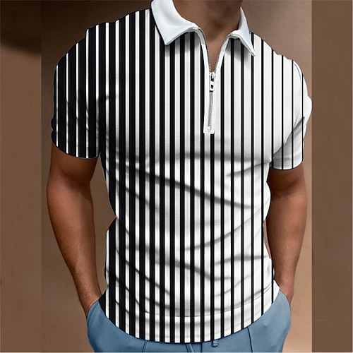 

Men's Collar Polo Shirt Golf Shirt Graphic Spiral Stripe Turndown Black / White 3D Print Street Casual Short Sleeve Zipper Clothing Apparel Designer Breathable Comfortable Big and Tall / Beach