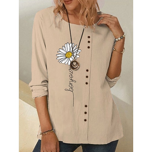 

Women's T shirt Tee Daisy Daily T shirt Tee Long Sleeve Print Round Neck Basic Essential Loose Blue Khaki Navy Blue S