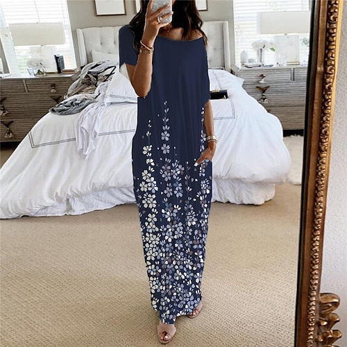 

Women's Pajamas Nightgown Dress Nighty Flower Fashion Comfort Home Bed Polyester Crew Neck Short Sleeve Pocket Spring Summer Blue / Pjs