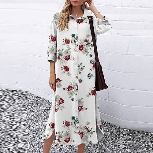 

Women's Shift Dress Midi Dress Purple Red 3/4 Length Sleeve Floral Butterfly Animal Button Print Fall Spring Shirt Collar Casual Fashion 2022 S M L XL XXL 3XL
