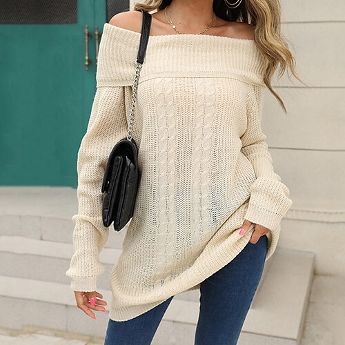 

Damen Pullover Strickwaren Gedrehtes Stricken Kalte Schulter Einfarbig Schulterfrei Stilvoll Casual Outdoor Täglich Winter Herbst Grün Purpur Armeegrün S