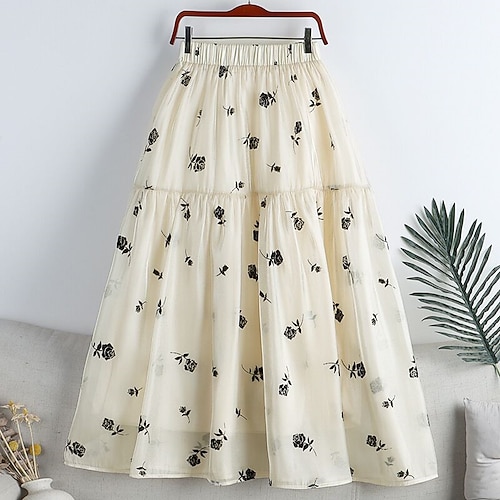 

Women's Skirt A Line Midi Polyester Beige Black Skirts Spring & Summer Patchwork Print Lined Elegant Daily Date S M L