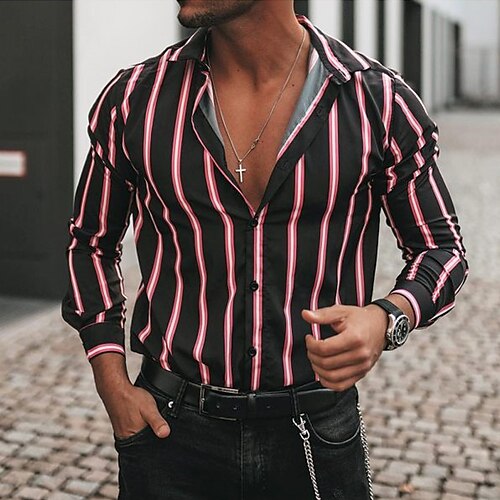 

Men's Shirt Striped Turndown Black / Red Print Street Daily Long Sleeve Button-Down Clothing Apparel Fashion Casual Comfortable / Beach