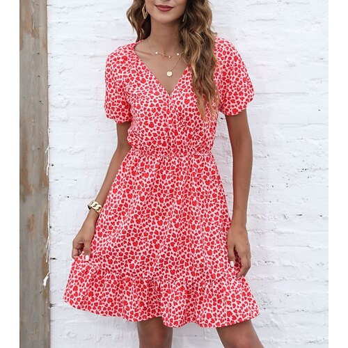 

Women's Casual Dress Mini Dress Red Short Sleeve Heart Patchwork Spring Summer V Neck Fashion Weekend 2022 S M L XL