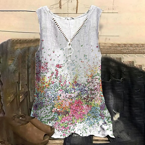 

Women's Plus Size Tops Tank Top Floral Zipper Print Sleeveless V Neck Streetwear Daily Holiday Cotton Spandex Jersey Spring Summer Gray