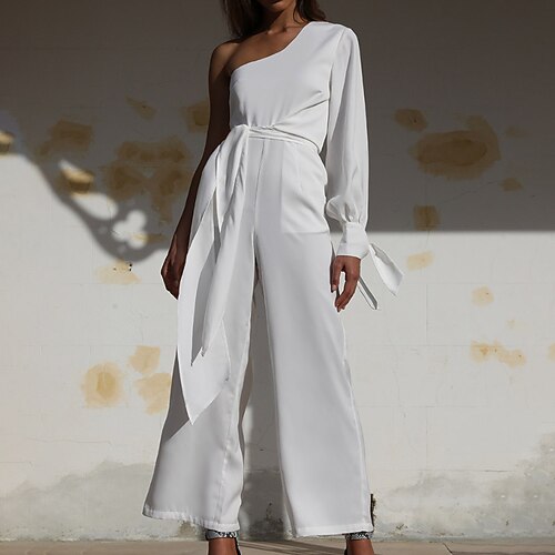 

Women's Jumpsuit Backless Solid Color One Shoulder Elegant Party Going out Regular Fit Long Sleeve White S M L Spring