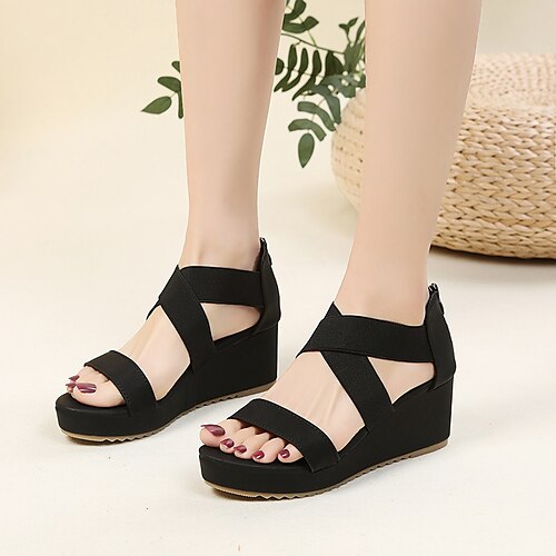 

Women's Sandals Daily Wedge Sandals Summer Wedge Heel Round Toe Classic Walking Shoes PU Leather Zipper Solid Colored Black