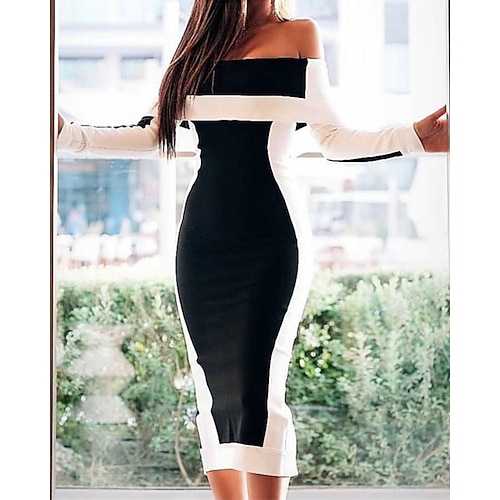 

Women's Bodycon Knee Length Dress Black Long Sleeve Color Block Cold Shoulder Fall Winter Off Shoulder Elegant Mature 2022 S M L XL