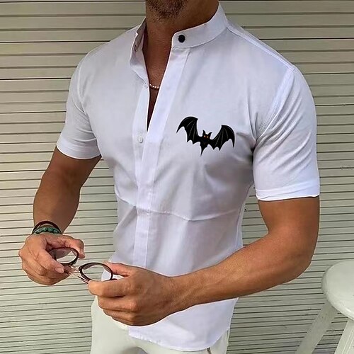 

Men's Shirt Solid Color Bat Standing Collar Street Casual Button-Down Print Half Sleeve Tops Designer Casual Fashion Breathable White Black Wine / Summer