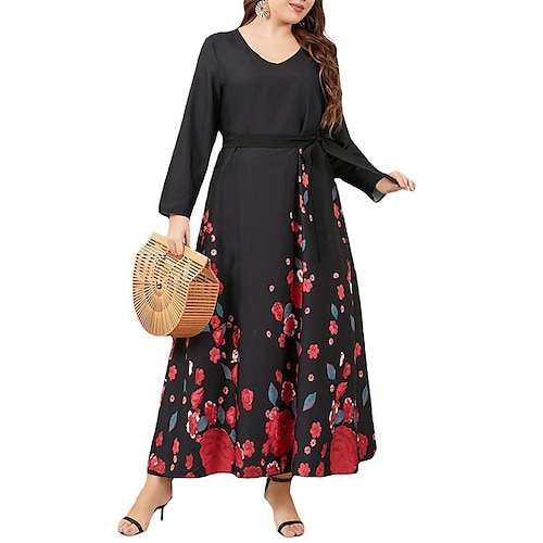 

Women's Plus Size Swing Dress Floral V Neck Long Sleeve Fall Summer Casual Maxi long Dress Daily Date Dress