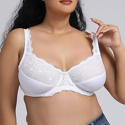

Women's Lace Bras Underwire Bras Fixed Straps Full Coverage V Neck Breathable Push Up Lace Pure Color Hook & Eye Date Casual Daily Cotton Sexy 1PC White Black / Plus Size / Bras & Bralettes / 1 PC