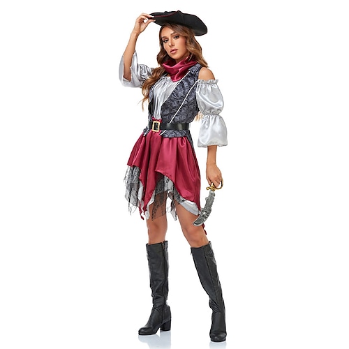 

Pirat Cosplay kostyme Maskerade Voksne Dame Formell Maskerade Festival / høytid Polyester Rød Dame Lett Karneval Kostumer Ensfarget / Vest / Kjole / Belte / Halstørklæ / CAP konstruktion