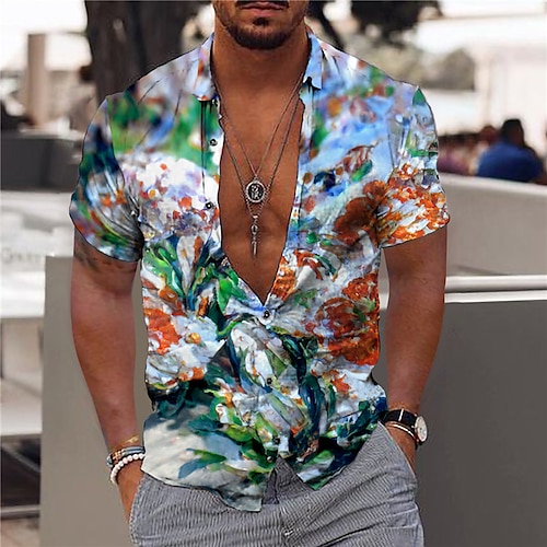 

Men's Shirt Floral Turndown Blue 3D Print Outdoor Street Short Sleeves Button-Down Print Clothing Apparel Fashion Designer Casual Breathable / Summer / Spring / Summer