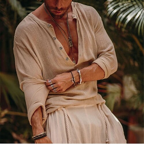 

Men's Shirt Solid Color V Neck Street Casual Long Sleeve Tops Casual Fashion Breathable Comfortable Beige Summer Shirts Beach