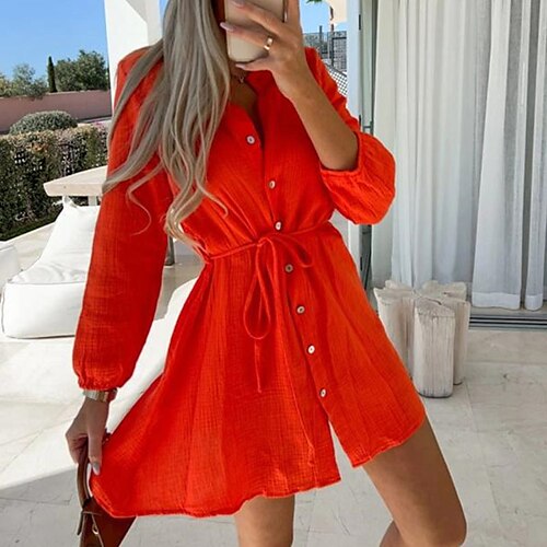 

Women's A Line Dress Short Mini Dress Green White Red Long Sleeve Pure Color Lace up Button Spring Summer Stand Collar Casual Modern 2022 S M L XL XXL