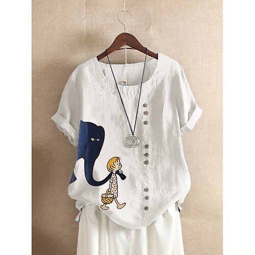 

Women's T shirt Tee Blue Army Green Brown Cartoon Button Print Short Sleeve Casual Weekend Basic Round Neck Regular Painting M / 3D Print