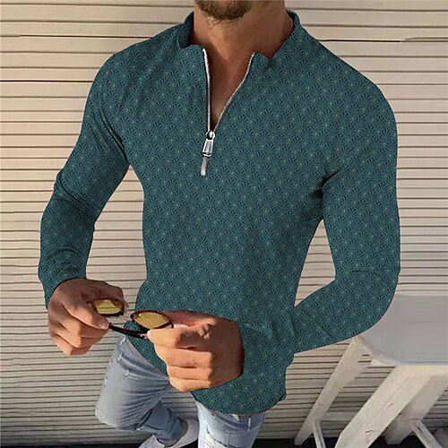 

Men's Collar Polo Shirt Golf Shirt Geometry Stand Collar Green 3D Print Outdoor Street Long Sleeve Zipper Print Clothing Apparel Fashion Designer Casual Breathable