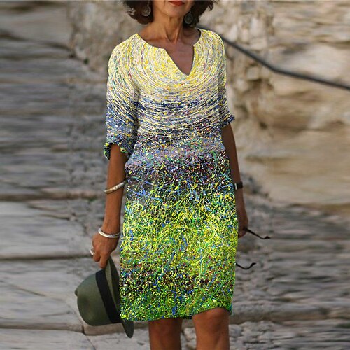 

Women's Shift Dress Knee Length Dress Green Blue Yellow Half Sleeve Color Gradient Color Block Print Spring Summer V Neck Elegant Casual 2022 S M L XL XXL 3XL