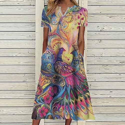 

Women's A Line Dress Midi Dress Blue Rainbow Short Sleeve Floral Print Pocket Print Spring Summer V Neck Casual Vacation 2022 S M L XL XXL 3XL