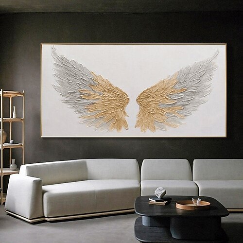 

Handmade Hand Painted Oil Painting Wall White Gold Wings Painting Home Decoration Decor Rolled Canvas No Frame Unstretched