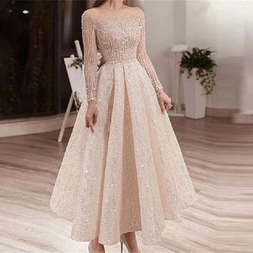 

Women's A Line Dress Maxi long Dress Champagne Long Sleeve Pure Color Sequins Spring Summer Off Shoulder Party Elegant Fashion 2022 S M L XL / Party Dress