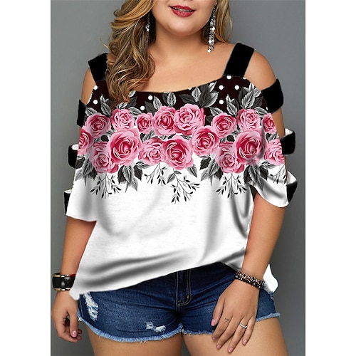 

Women's Plus Size Tops Blouse Shirt Floral Butterfly Cut Out Print Half Sleeve V Neck Streetwear Daily Going out Polyester Fall Spring White Black