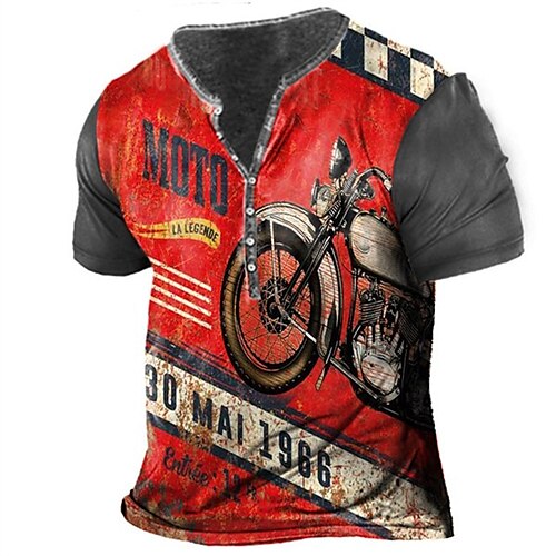 

Men's T shirt Tee Henley Shirt Tee Graphic Motorcycle Henley Red 3D Print Plus Size Outdoor Daily Short Sleeve Button-Down Print Clothing Apparel Basic Designer Casual Big and Tall / Summer / Summer