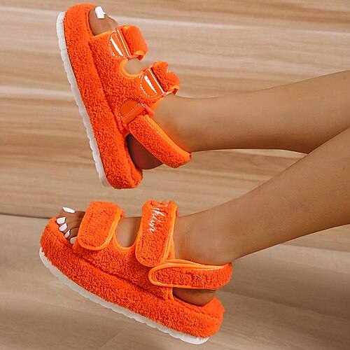 

Women's Sandals Daily Furry Feather Platform Sandals Dad Sandals Winter Flat Heel Round Toe Classic Walking Shoes Cotton Magic Tape Solid Colored Black Green Orange