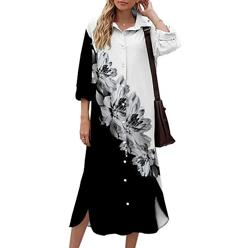 

Women's Shift Dress Midi Dress White 3/4 Length Sleeve Floral Button Print Fall Spring Shirt Collar Casual Fashion 2022 S M L XL XXL 3XL