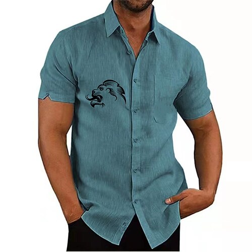 

Men's Shirt Solid Color Lion Turndown Street Casual Button-Down Print Half Sleeve Tops Designer Casual Fashion Breathable Sea Blue White Black / Summer