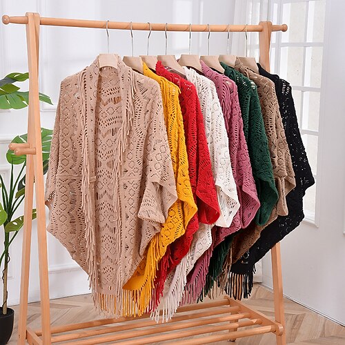

Women Hollow Out Thickened Loose Shawl Fashion Plain Knit Scarf Warm Tassel Poncho Coat
