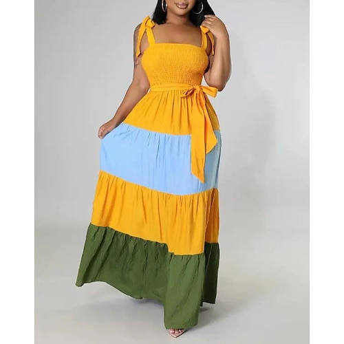 

Women's Swing Dress Maxi long Dress Yellow Sleeveless Color Gradient Pure Color Ruched Lace up Patchwork Spring Summer Party Spaghetti Strap Modern 2022 S M L XL XXL