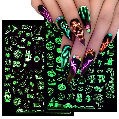 

6PCS Glowing New Year Halloween Nail Art Sticker Luminous 3D Adhesive Slider Christmas Manicure Decal Decorations