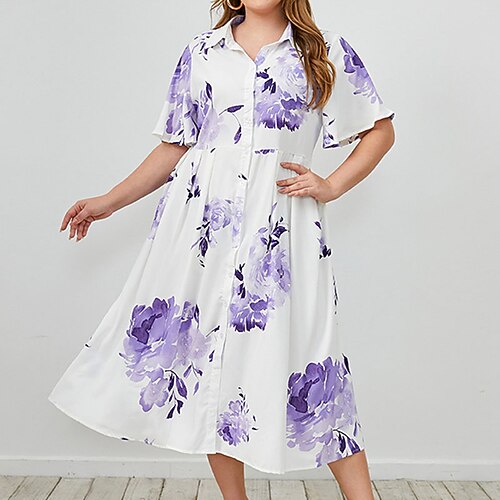 

Women's Plus Size Shirt Dress Floral Shirt Collar Print Short Sleeve Spring Summer Casual Midi Dress Daily Holiday Dress