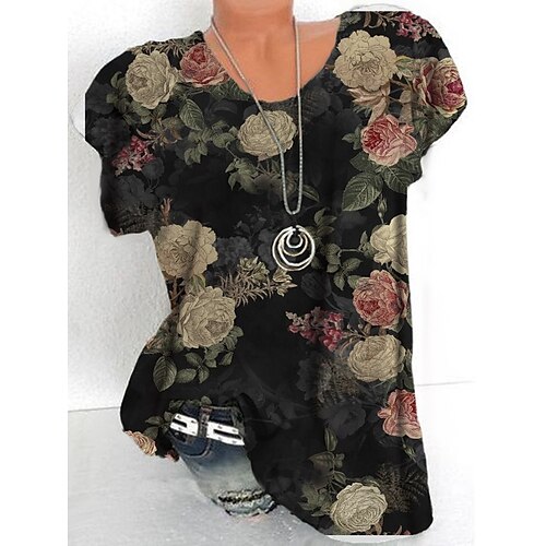 

Women's Plus Size Tops T shirt Tee Floral Print Short Sleeve Crewneck Streetwear Daily Sports Cotton Spandex Jersey Spring Summer Green