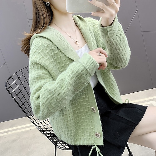 

Women's Cardigan Sweater Jumper Waffle Knit Button Knitted Pure Color Hooded Stylish Casual Outdoor Daily Winter Fall Green Pink One-Size / Long Sleeve / Holiday / Regular Fit / Going out