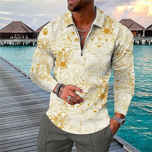 

Men's Collar Polo Shirt Golf Shirt Animal Lion Tiger Turndown Yellow 3D Print Outdoor Street Long Sleeve Zipper Print Clothing Apparel Fashion Designer Casual Breathable / Summer / Spring / Summer