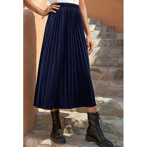 

Women's Skirt Swing Midi Polyester Navy Blue Gray Skirts Spring & Fall Pleated Without Lining Streetwear Office / Career Casual Daily S M L / Loose Fit