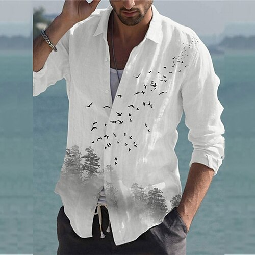 

Men's Shirt 3D Print Graphic Patterned Tree Bird Turndown Street Casual Button-Down Print Long Sleeve Tops Casual Fashion Breathable Comfortable White