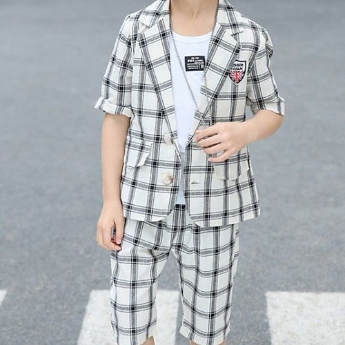 

Kids Boys Suit Blazer Clothing Set 3 Pieces Half Sleeve White Gray Pink Plaid School Formal Preppy Style 3-13 Years