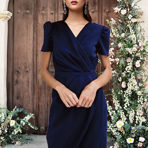 

Sheath / Column Mother of the Bride Dress Vintage Elegant V Neck Tea Length Stretch Fabric Short Sleeve with Side-Draped 2022