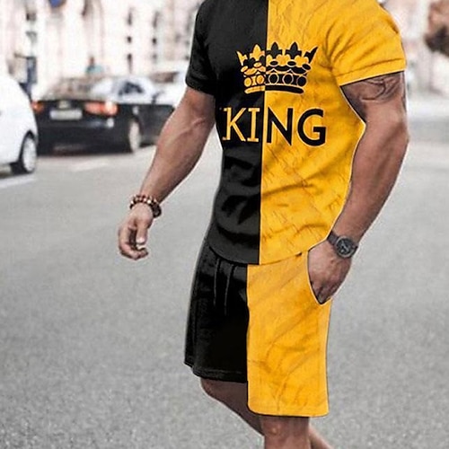 

Men's T-shirt Suits Tennis Shirt Graphic Letter Crew Neck Yellow Red Brown 3D Print Street Daily Short Sleeve Print Clothing Apparel 2pcs Basic Fashion Lightweight Casual / Summer / Spring / Summer