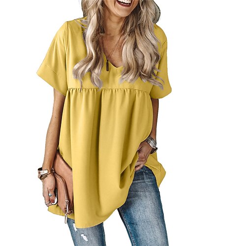

Women's Blouse Plain Casual Daily Holiday Blouse Shirt Short Sleeve V Neck Casual White Black Yellow S