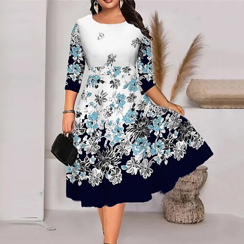 

Women's Plus Size Holiday Dress Floral Crew Neck Print 3/4 Length Sleeve Fall Spring Work Midi Dress Daily Vacation Dress