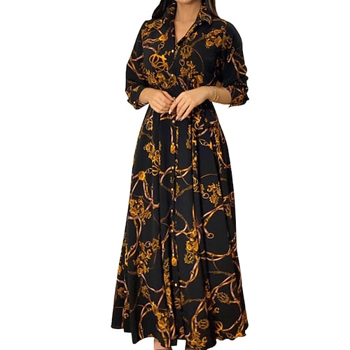

Women's Swing Dress Maxi long Dress Black Blue Gray Brown Long Sleeve Floral Ruched Print Fall Spring Shirt Collar Casual 2022 S M L XL XXL